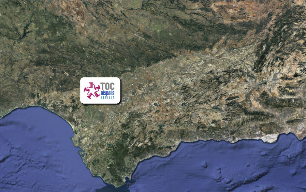 vista satelite de andalucía con el logo de la Asociación TOC Sevilla